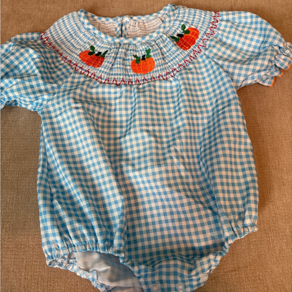Blue Gingham Baby Romper with Pumpkin Embroidery